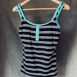 Beach House Women size 10 Striped Black & White with Aqua Trim Tankini Swim Top